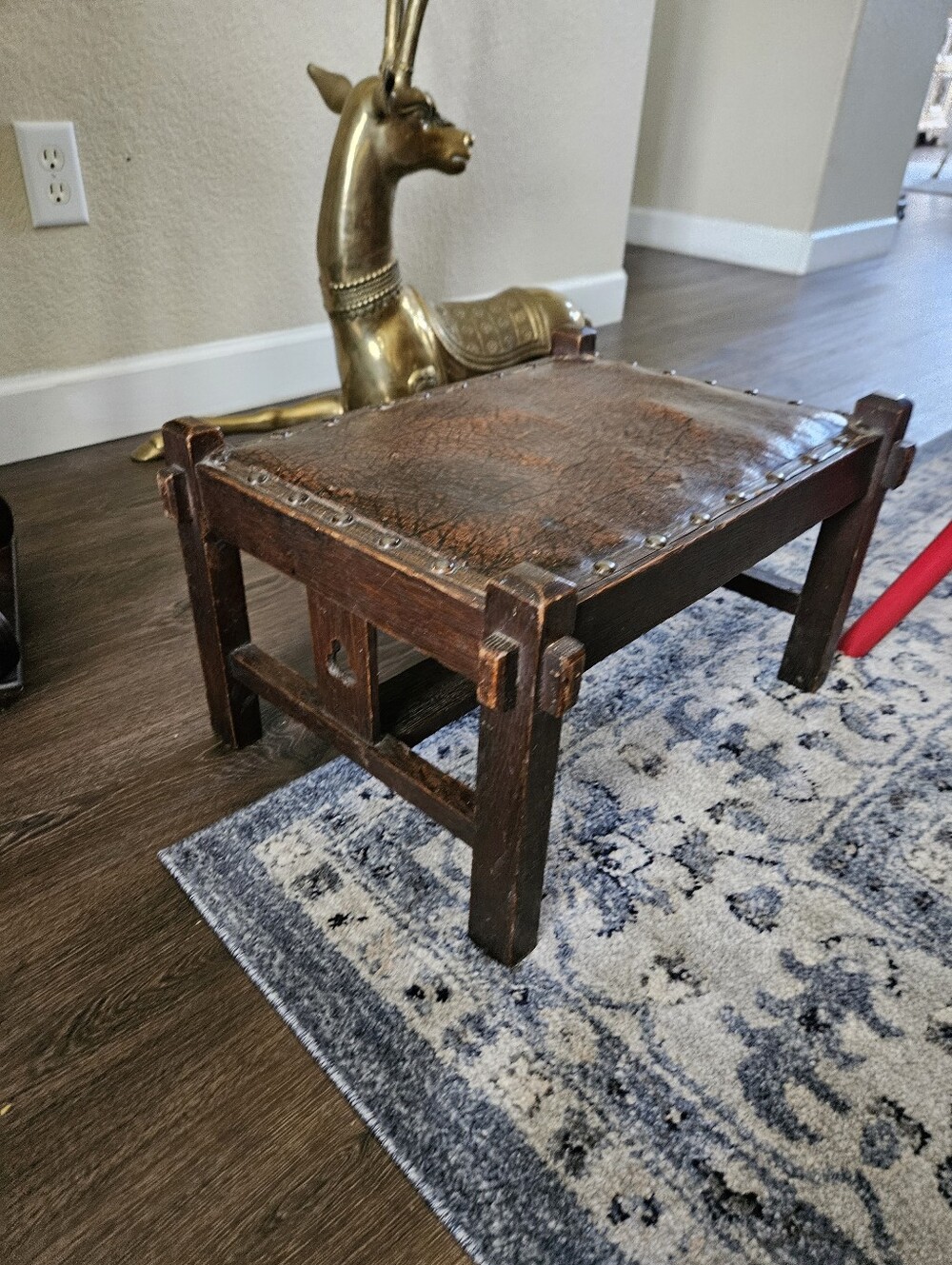 Mission-style or Arts & Crafts Rustic Vintage Leather Top Wood Stool - Brown